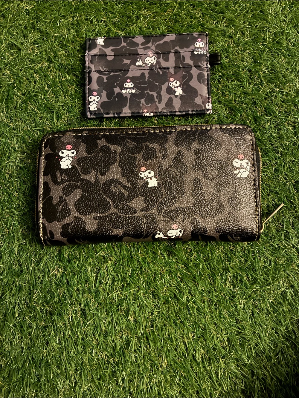 Black Printed Zip-Around Wallet and Card Holder Set